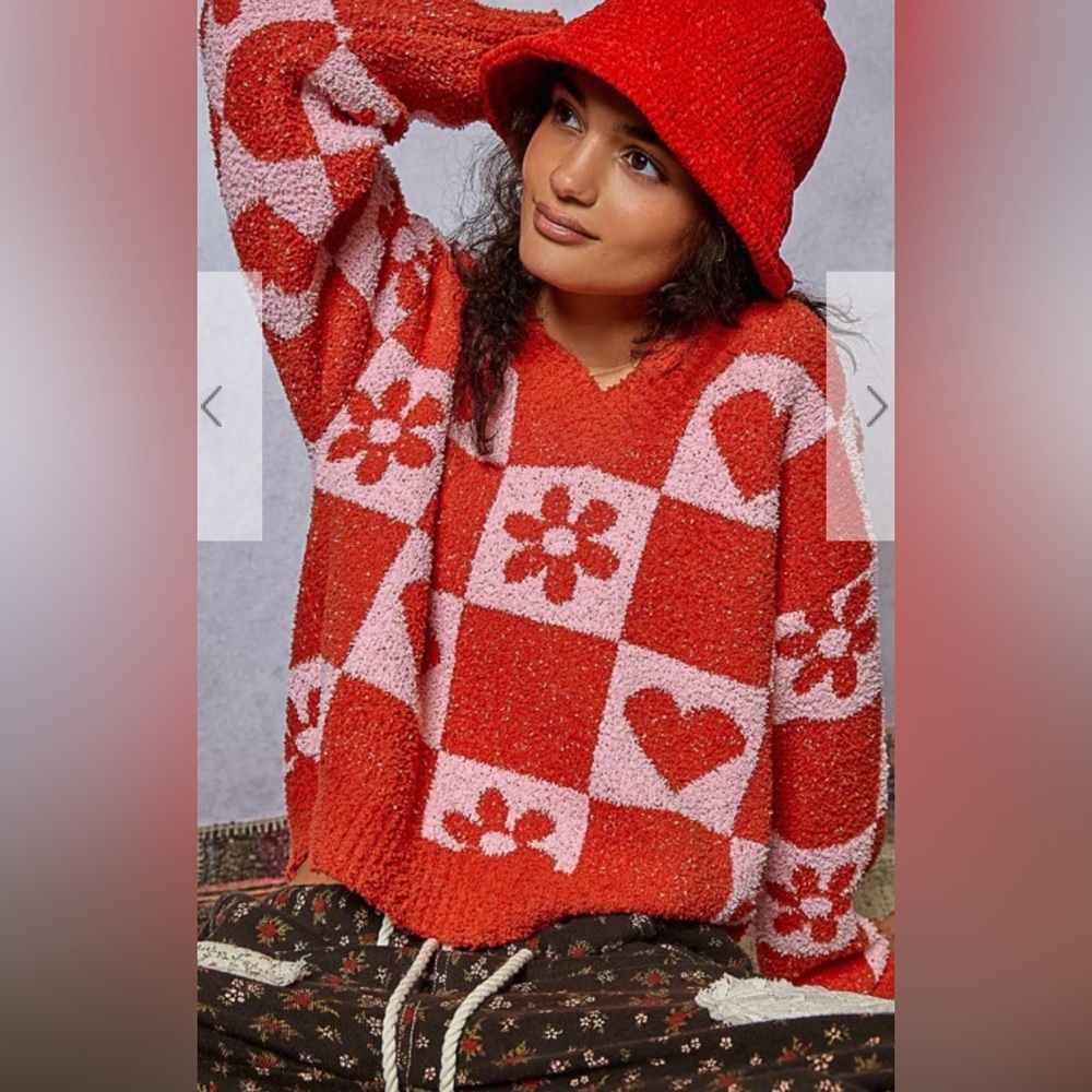 Pol Red and Pink Checkered Sweater
